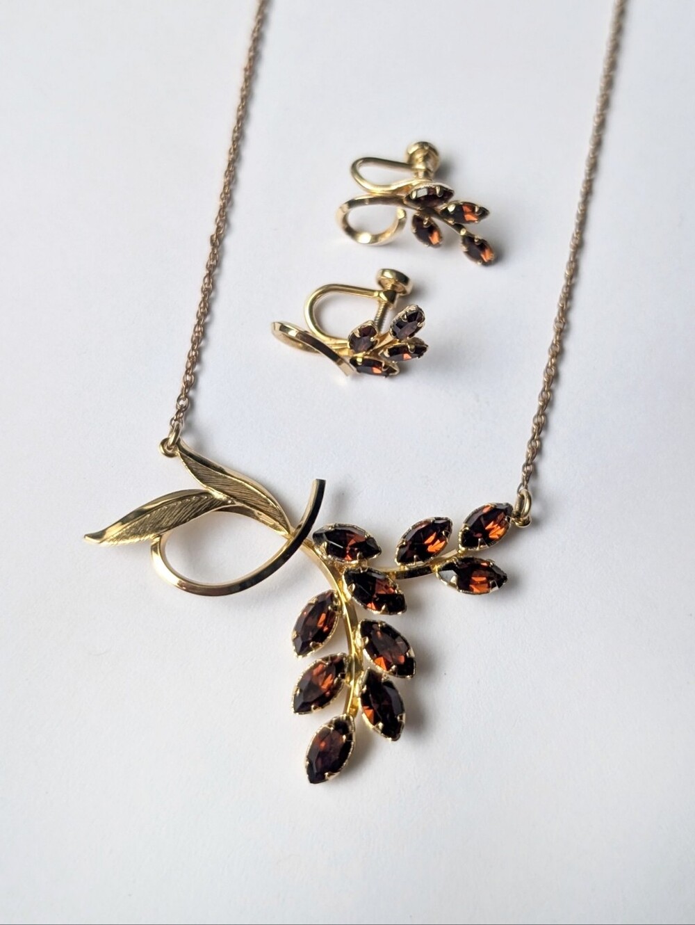 Vintage necklace earring set 12k gold filled Leaf floral brown stones A&Z 1/20